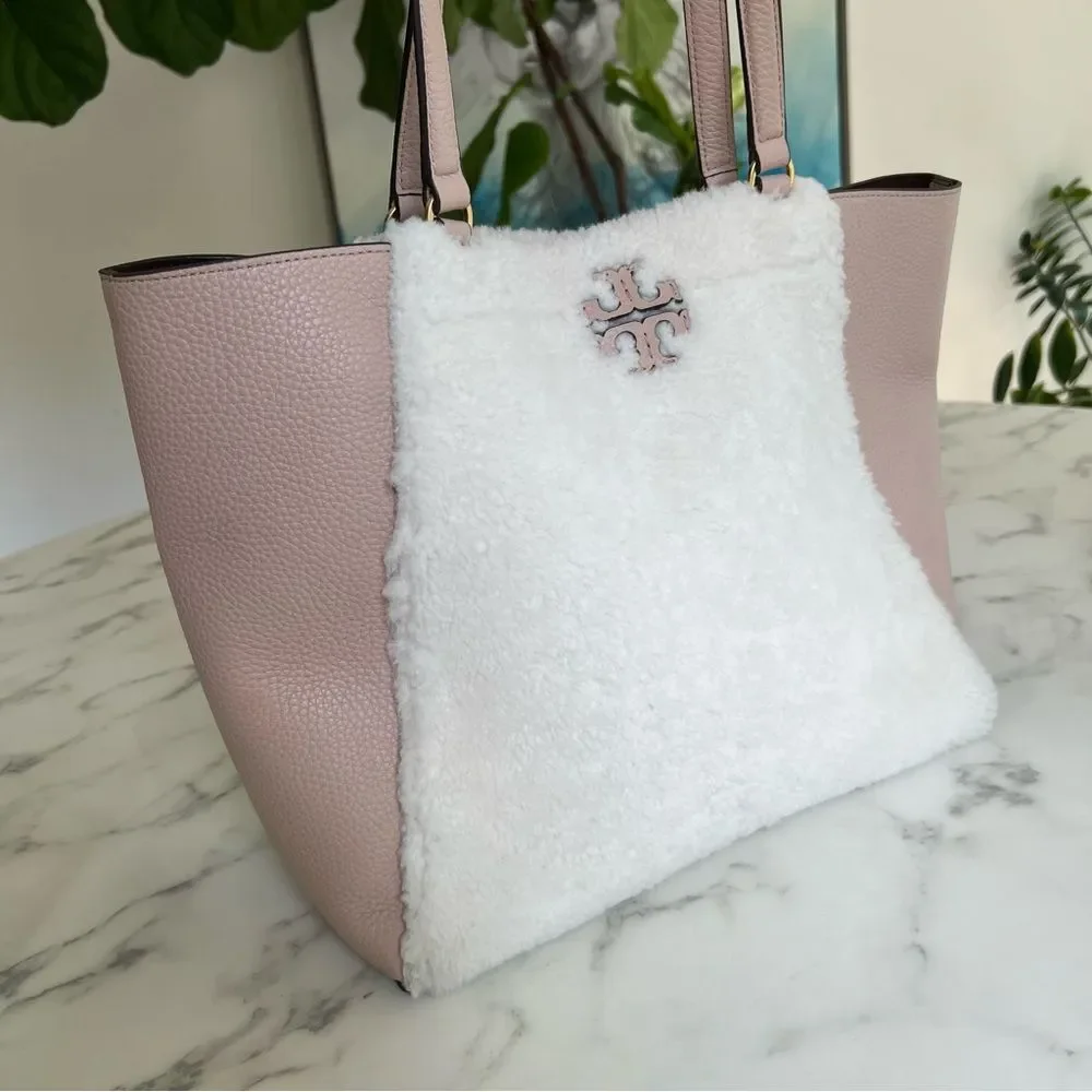 Tory Burch McGraw Shearling Fleece Fur & Leather Tote Bag Sand Beige Pink Ivory